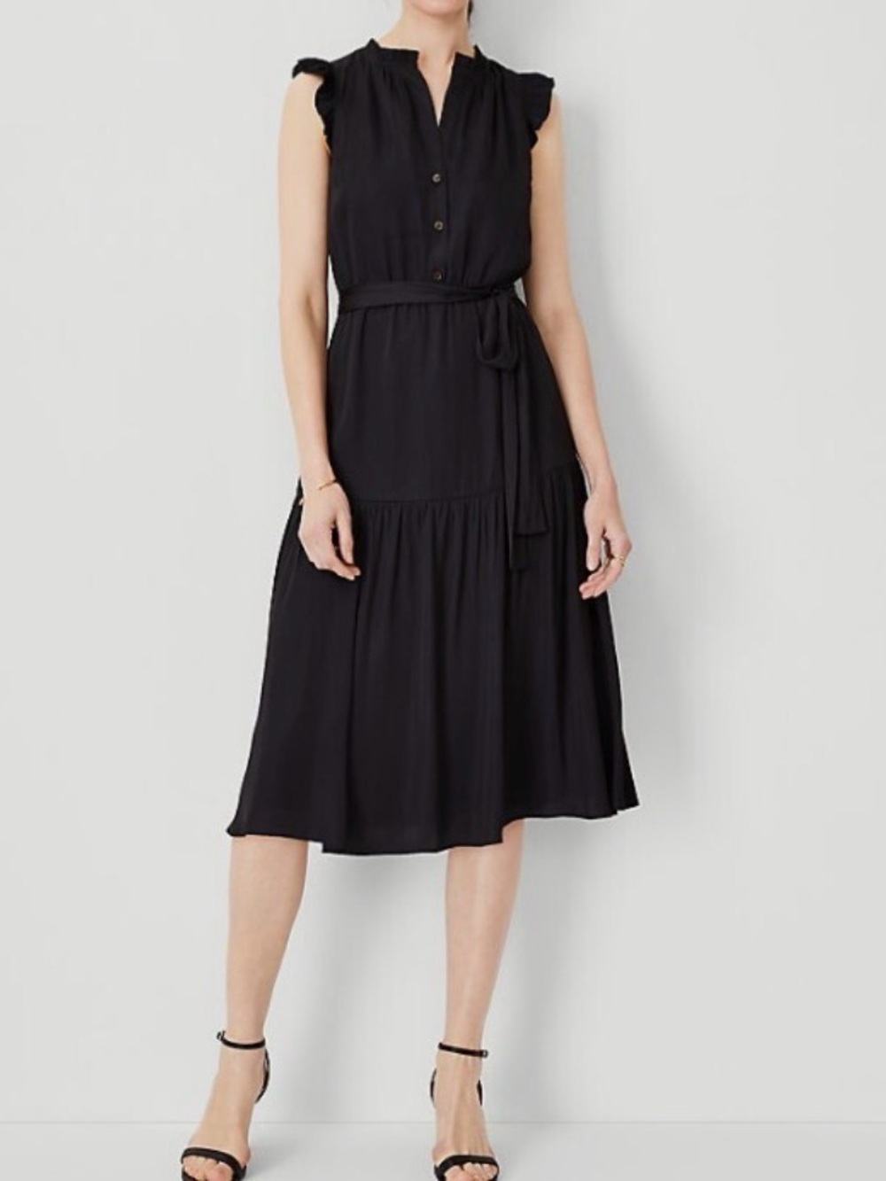 Ann Taylor Black Sleeveless Midi Dress with Tie Waist